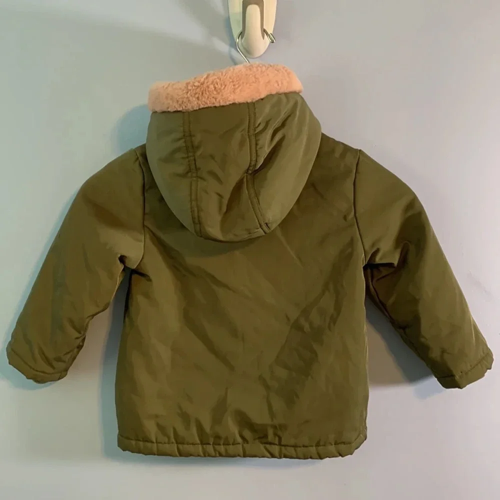 Gymboree size 3t olive military green zip up pink fur hood like new winter parka